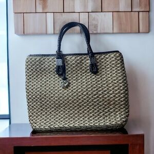 EUC Brighton Rita Woven Handbag Tri Color Jute Straw Tote with‎ Charms Bl…